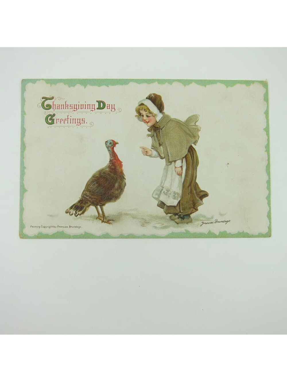 Thanksgiving Postcard Wild Turkey & Girl Frances Brundage Embossed Antique
